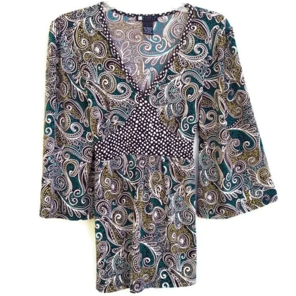 Vintage USA Carole Little Blouse Mixed Contrast Paisley Polka Dot Tie Back L